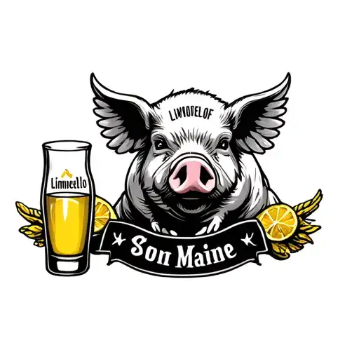 Pig With Wings And Shot Glass Of Limoncello And State Of Maine Outline