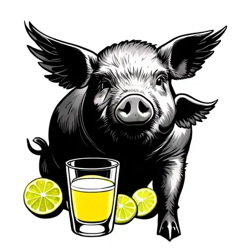 Outline Of The Stare Of Maine With A Pig With Wings And Shot Glass Of Limoncello