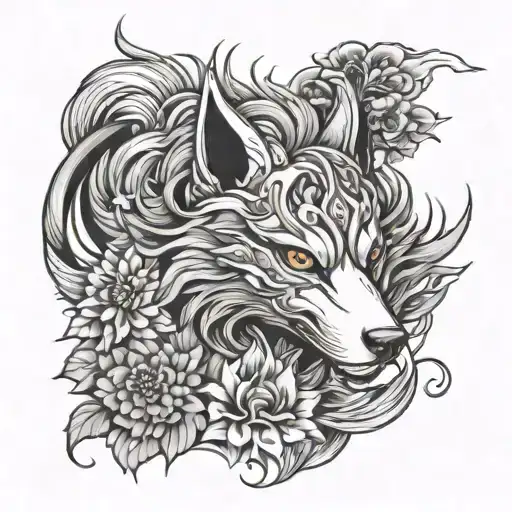God Amaterasu With Kitsune Mask And Flowers