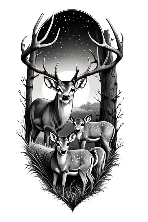 Wood Scene With A Buck Doe And 3 Fawns