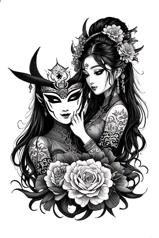 Hannya Mask And Girls Tattoo Lower Arm Sleeve Design
