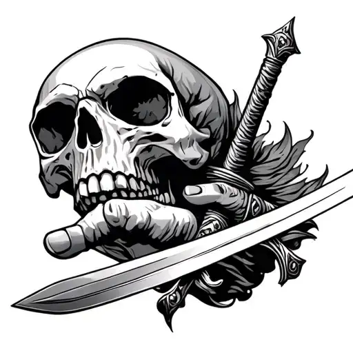 Skull With Hand Holding A Sword