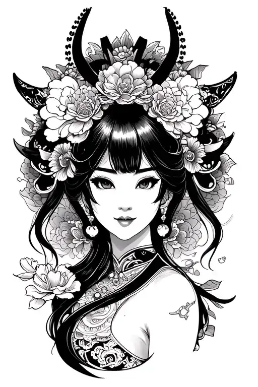 Japanese Tradatipnal Hannya Mask And Pretty Girl Tattoo Lower Arm Sleeve Design