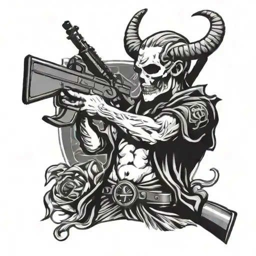 Dead Saint Holding A Rifle And Devil Horns