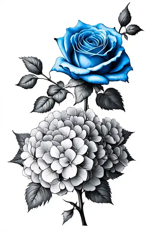 Blue Rose With Stem And Hydrangeas Growing