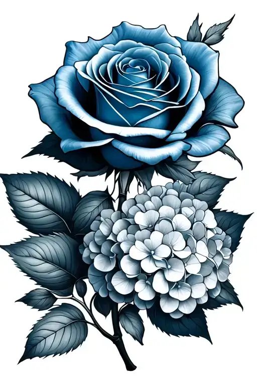 Blue Rose With Stem And Hydrangeas Growing