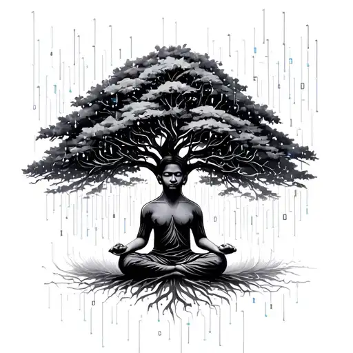 Yogi Meditating Under Tree With Matrix Code Rain Pattern