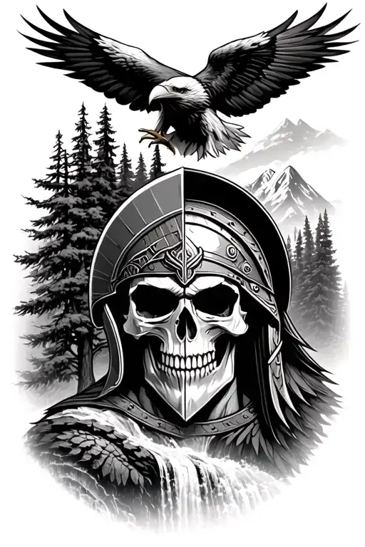 Half Spartan Warrior Half Skull Face Mountains Trees Waterfall Background Eagle Above