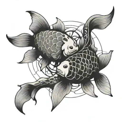 Yin And Yang Koi Fish Swimming With Geometric Lines