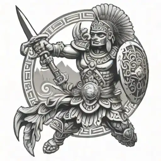 Mayan Warrior Hold Sword And Shield