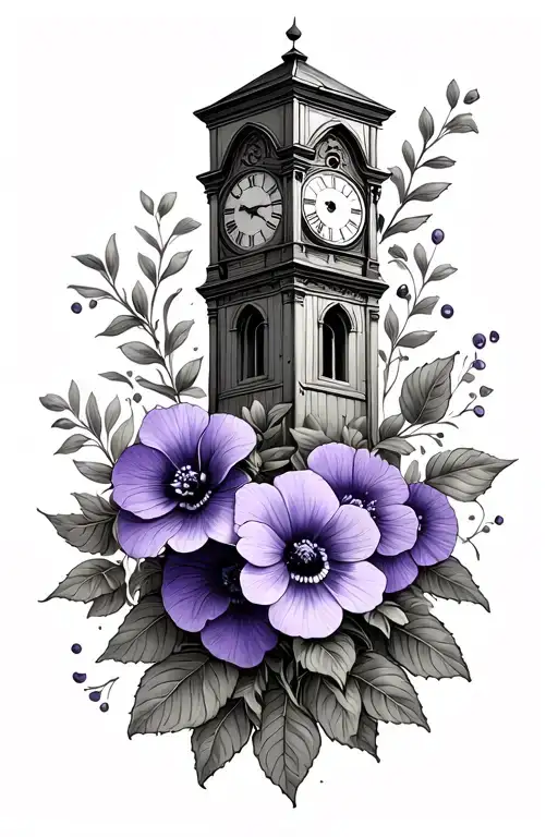 Violet Flowers With A Old Clock Tower