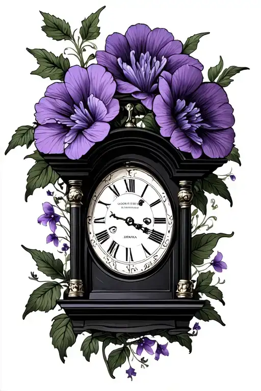 Violet Flowers With A Grandfather Clock