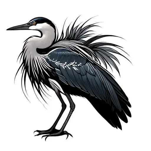 Black Heron Bird Standing With Long Stylized Feathers