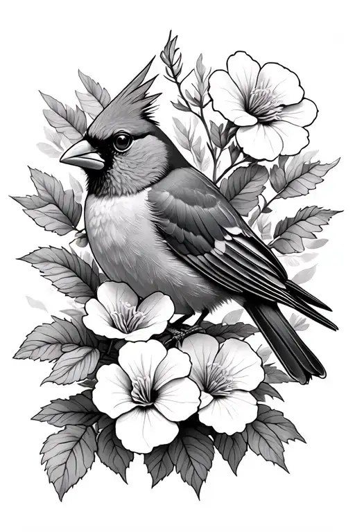 Cardinal Bird With Geranium Flowers