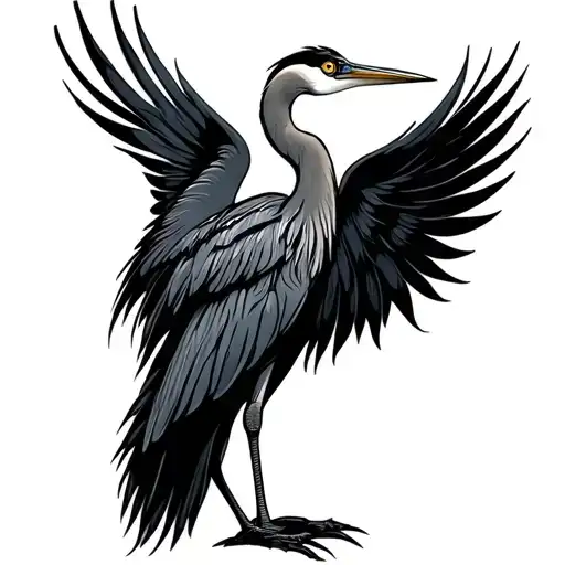 Black Heron Bird Standing With Long Curling Stylized Feathers Wings Spread