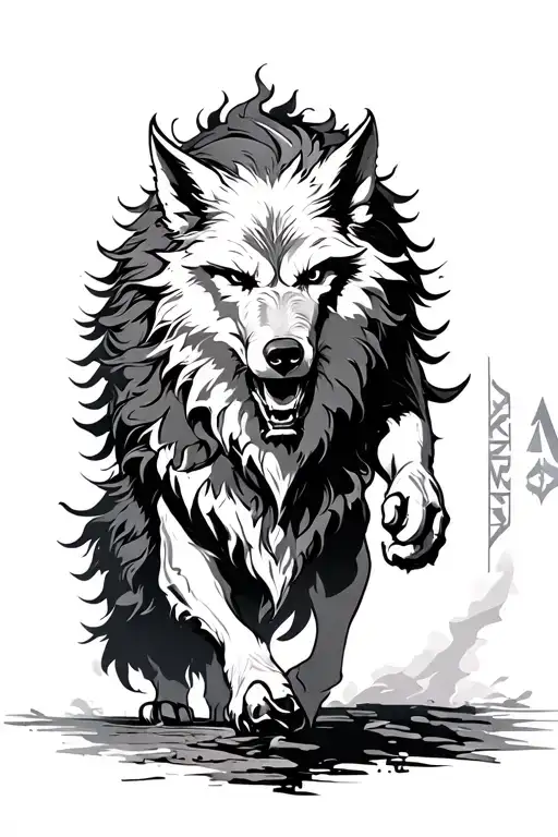 Fenrir Walking Forward Runes Above