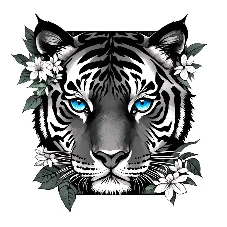Half Face Black And White Tiger Blue And Eyes Peeking Through Jungle With Leaves And Flowers