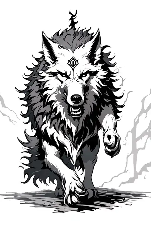 Fenrir Walking Forward Runes Above Head