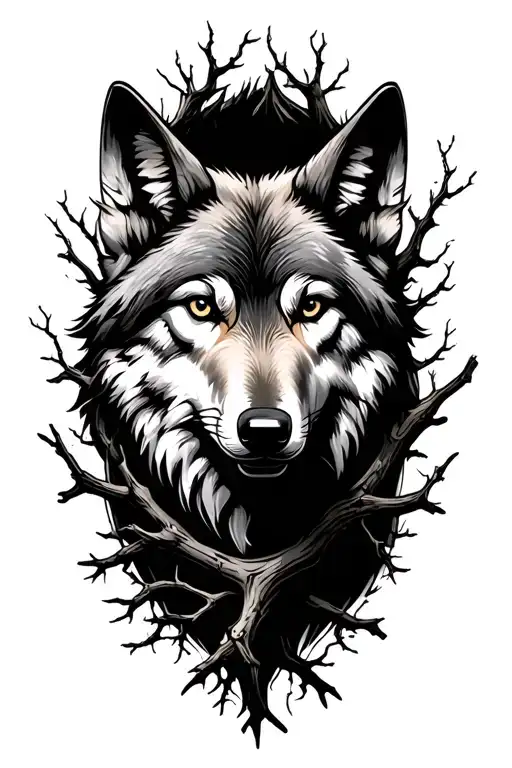 Wolf Head Surrounded By Old Tree Branches