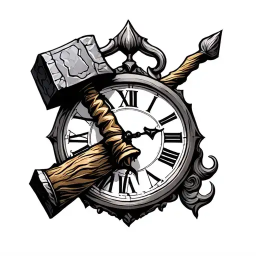 Thor Hammer With Old English Clock As Center