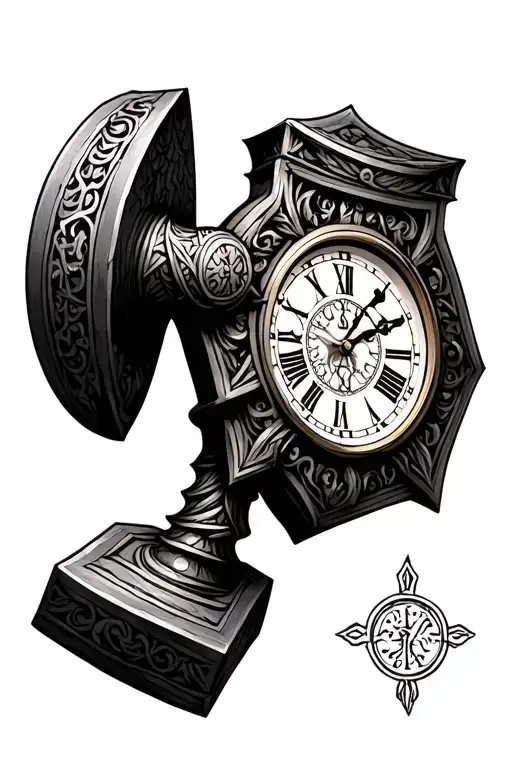 Thor Hammer With Old English Clock As Center