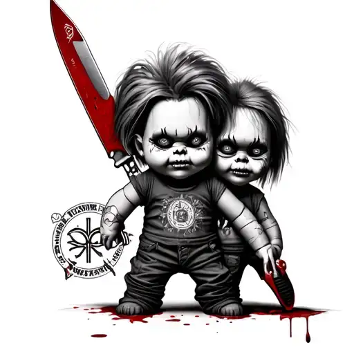 Chucky Doll In A Bloody Knife With Gemini Symbols Side By Side With Chucky From Rugrats