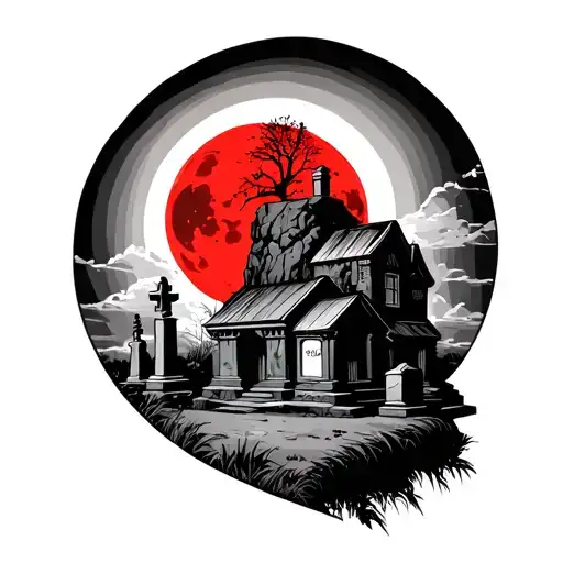 Cemetery With Red Moon And Cliff With Outgoing Sun