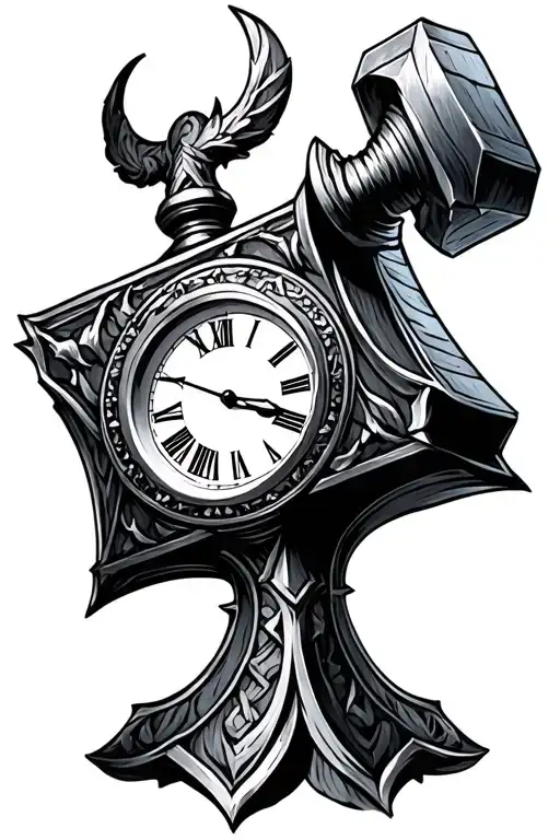 Thor Hammer With Clock As Center