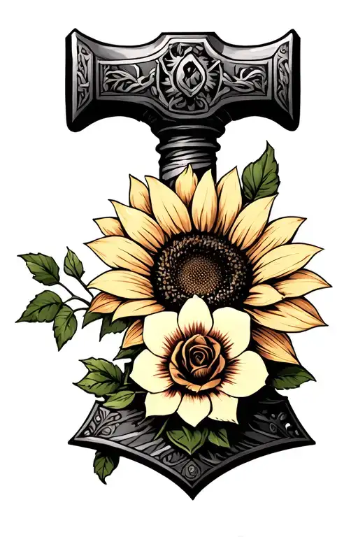 Thors Hammer With A Sunflower And Orchid In The Hammer And A Rose Wrapped Around The Hammer