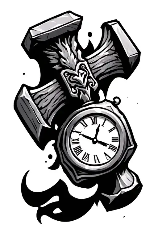 Thor Hammer With Clock As Center