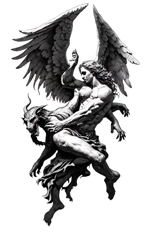 Angel Fighting The Devil Pointillism Tattoo Design