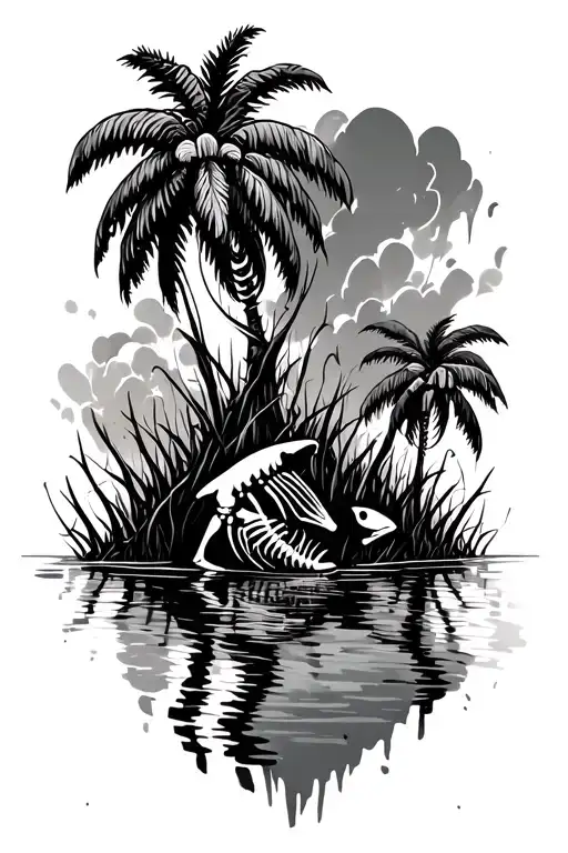Palm Trees In A Swamp With Fish Skeletons In The Water