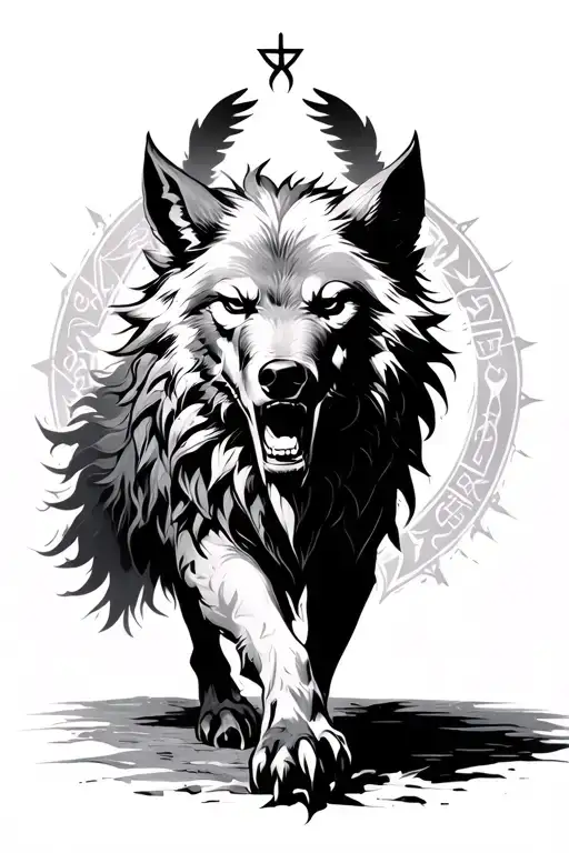Fenrir Walking Forward Runes Above Head