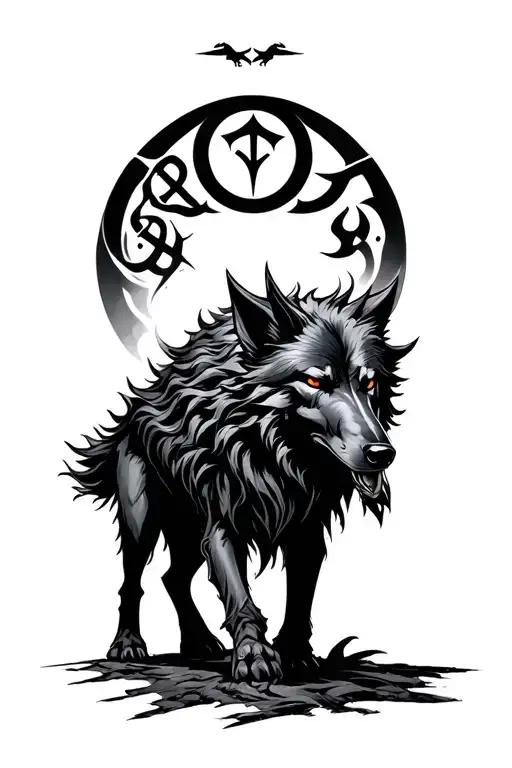 Black Fenrir Large Walking Forward Runes Above Head