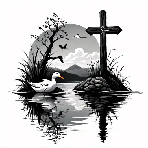 Pond With Reflections On Water And Ducks And A Cross