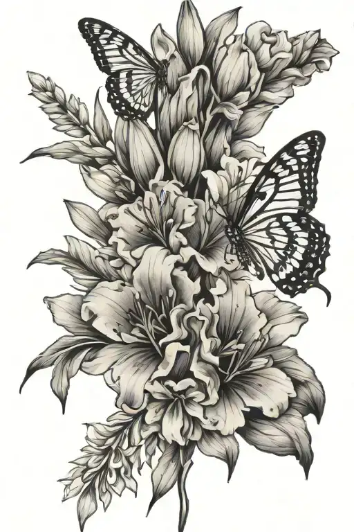 Hawthorn And Gladiolus Flower Bouquet With Butterfly