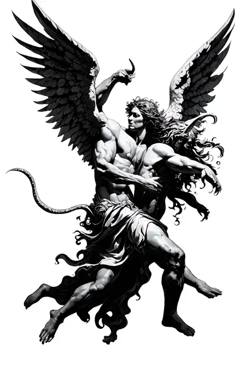 Angel Fighting The Devil Pointillism Simple Tattoo Design