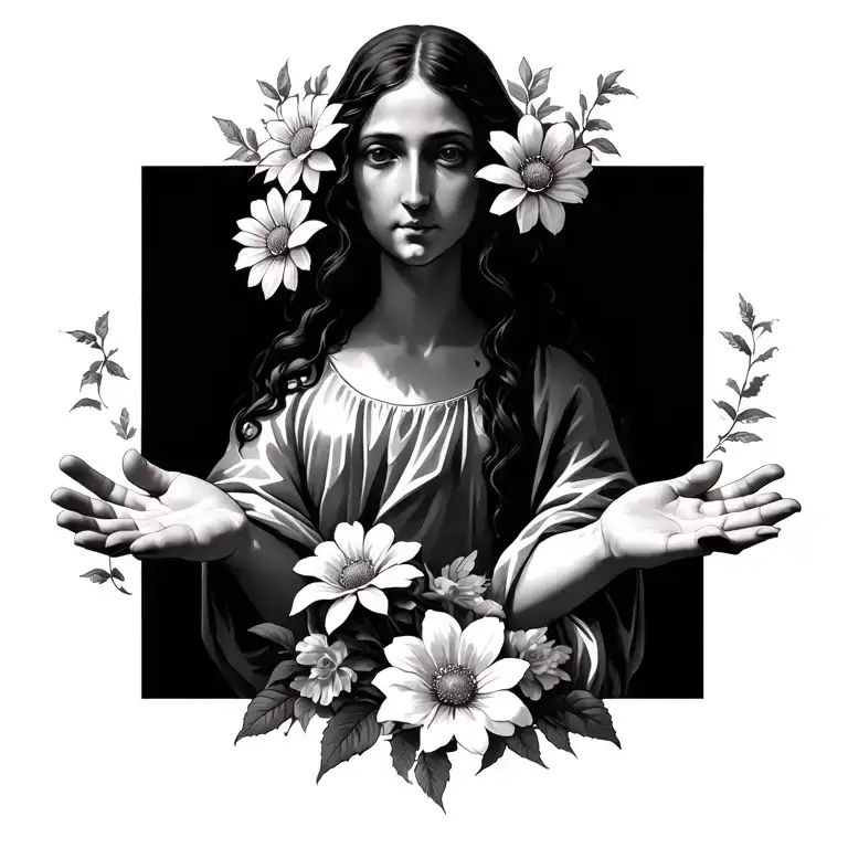 Mary With Hands Open Flowers By Her Feet The Ground