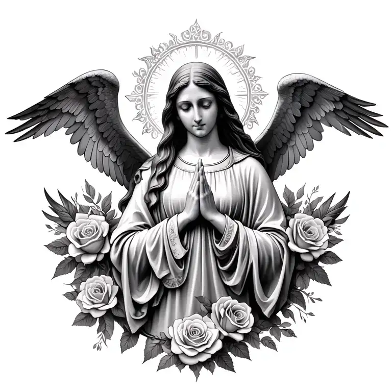 Mary Praying With Angels And Roses Surrounding Her