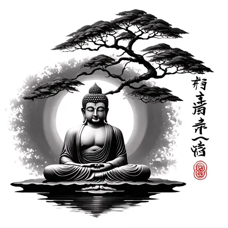 Buddha With Tree And Mantra Written