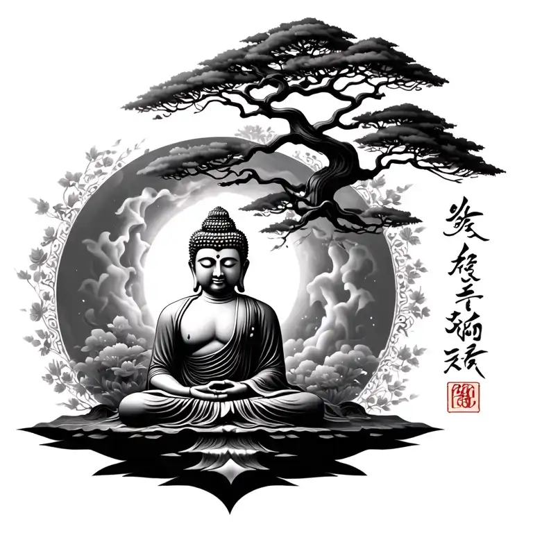 Buddha With Tree And Mantra Written For Spine
