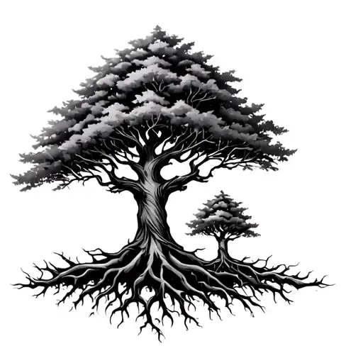 Big Tree And Small Tree With Roots Intertwined