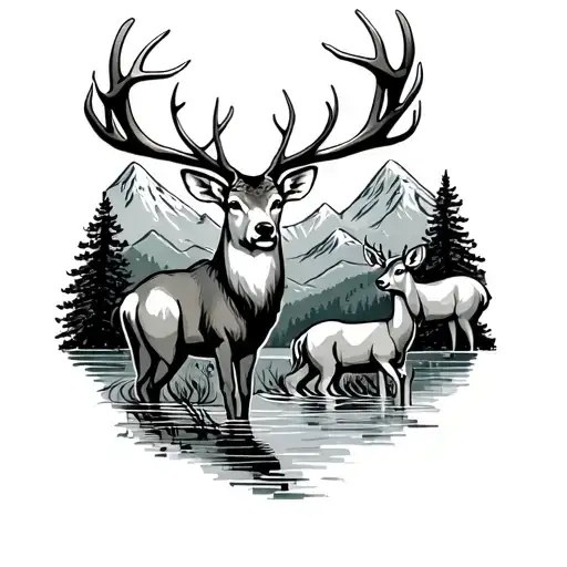 Deer Family 2 Bucks 2 Doe Mountains And Water