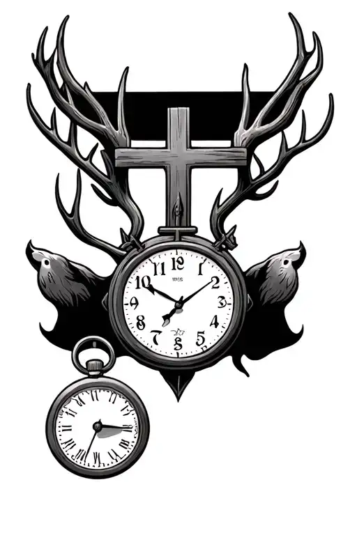 Cross Surrounded Connected To A Stop Watch Surrounded By A Hunting Theme