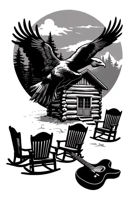 3 Rocking Chairs In Front Of A Log Cabin With An Eagle Flying In The Sky And An Acoustic Guitar