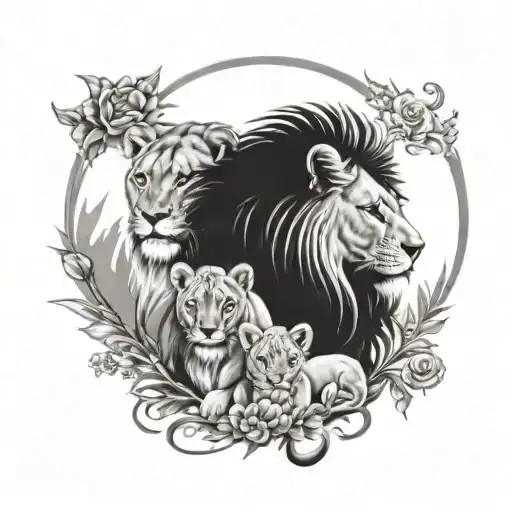 Lion Protects Lioness And Lioness Baby