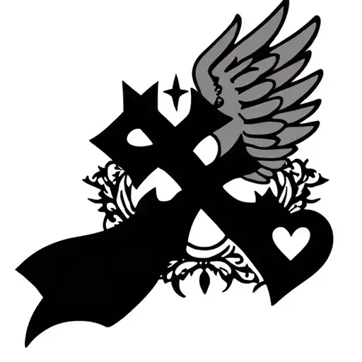 Cross Tattoo With Heart And Wings Behind