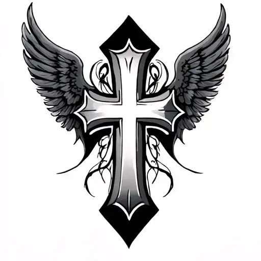 Cross Tattoo Incorporating Heart And Wings Behind