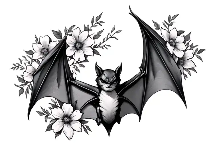 Bat With Wings Open And Flowers Around It