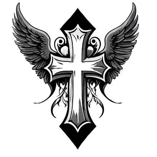 Cross Tattoo Incorporating Heart And Wings Behind